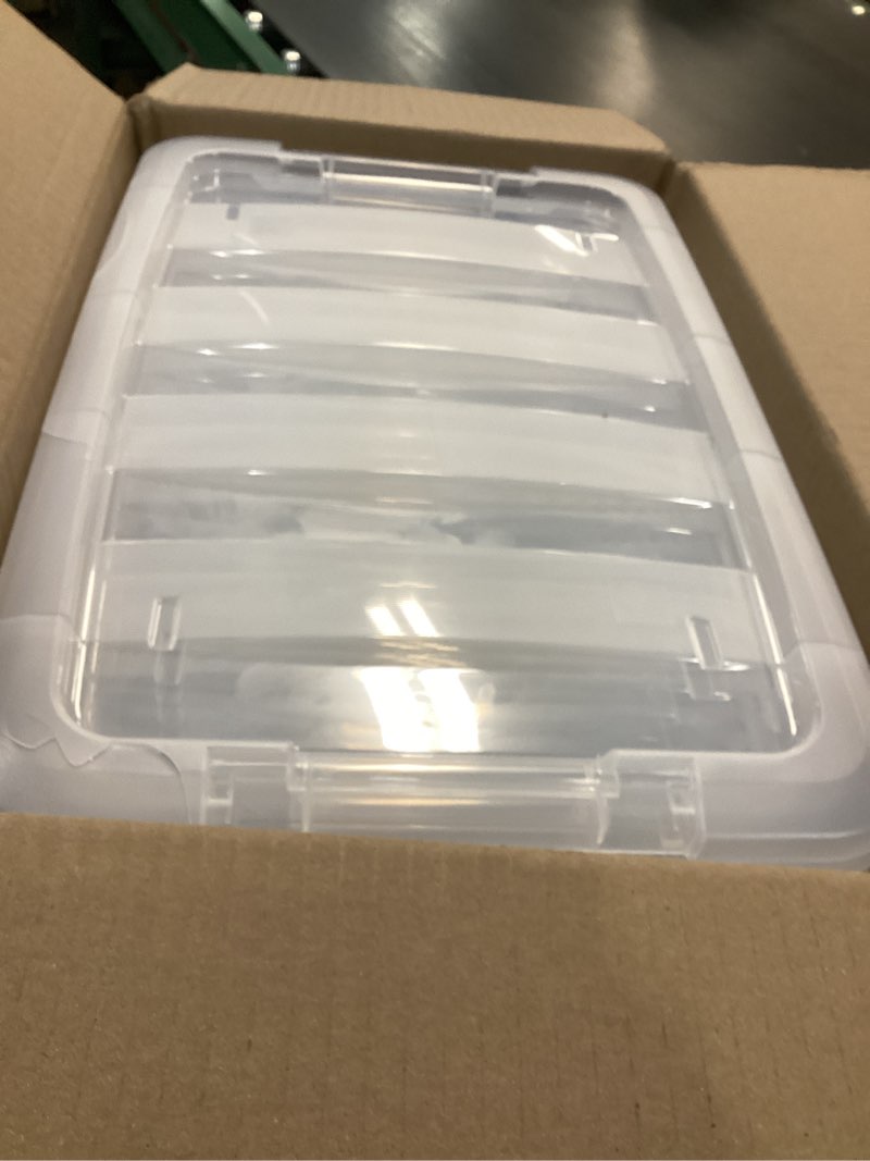 Condition photo showing New/Like New for IRIS USA 4-Pack Storage Bins with Lids, 13 Quart, Made in USA Stackable See-Through Organizing Solution Latches Durable Nestable Containers Secure Pull Handle, BPA-Free Plastic Clear 13 Qt 4 Pack