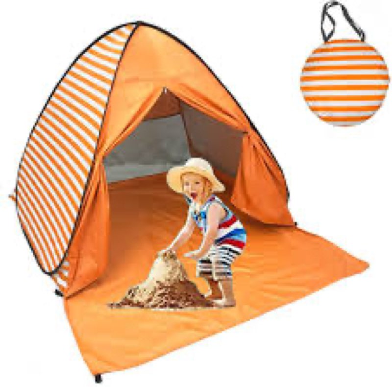 pop up beach tent shade sun shelter upf 50+ canopy cabana 2-3 person for adults baby kids outdoor activities camping fishing hiking picnic touring (orange stripes)