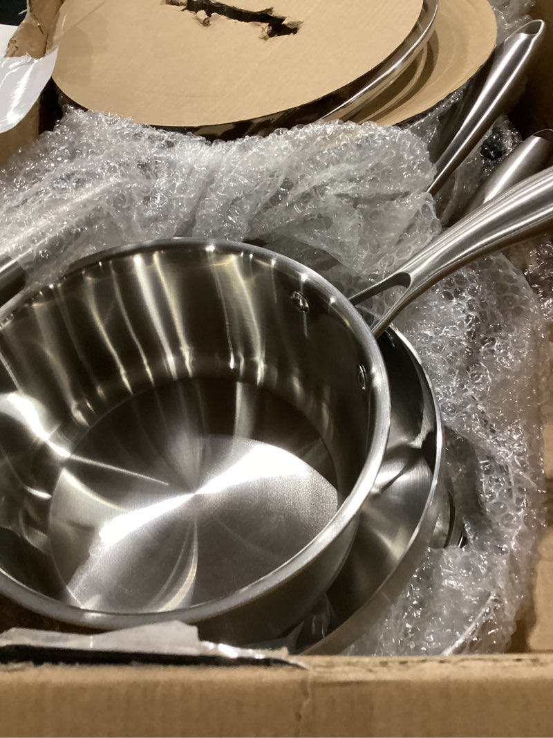 Condition photo showing As Is for 16-Piece Pots and Pans Set, Tri-Ply Stainless Steel Cookware Set with Lids, Non-toxic Kitchen Cooking Set, Dishwasher-Friendly, Induction-Ready, Even Heating, Heavy Duty, Compatible with All Cooktops
