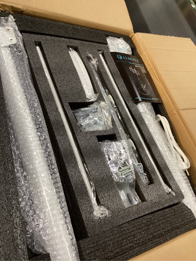 Condition photo showing New/Like New for Floor Mobile TV Stand with Power Outlet, Rolling TV Cart for 27-65 Inch OLED LED Monitors, 6 Levels of Height Adjustment, Ambient Lighting on The Bottom Wheels Holds up to 88lbs, 400x400mm Grain