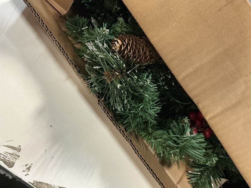 Condition photo showing Good Condition for National Tree Company 24 in Pre-Lit Crestwood Spruce Artificial Christmas Wreath, Christmas Decoration with Glitter, Pinecones, Red Berries, 50 Clear Lights, 160 Tips, Green 24 in Plug In Wreath