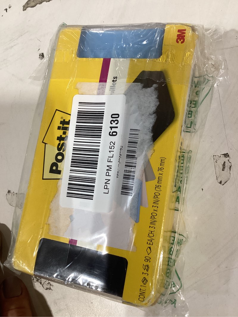 Condition photo showing New/Like New for post-it note dispenser, sticky note holder, black wave design, includes 3 pads of 90 sheets of 3 in x 3 in pop-up notes, classroom or office supplies 3.6" x 25"