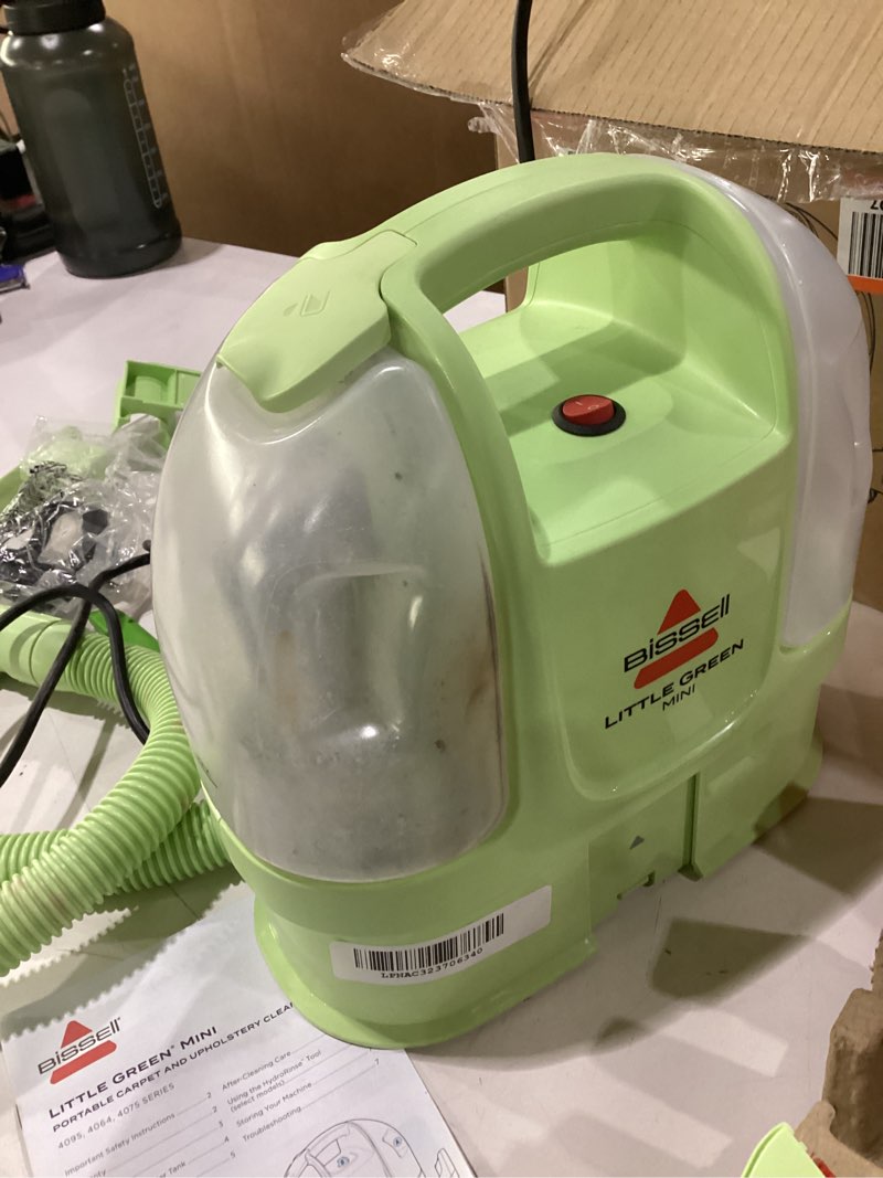 Condition photo showing As Is for BISSELL Little Green Mini Portable Carpet and Upholstery Deep Cleaner, Car/Auto Detailer, with HydroRinse Self-Cleaning Tool and 4" Tough Stain Tool, Tea Green, 4075