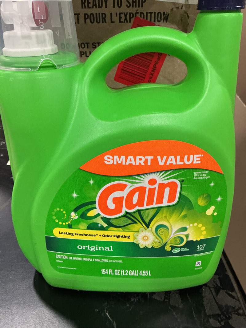Condition photo showing New/Like New for gain liquid laundry detergent, original scent, 154 fl oz, 107 loads, freshness + odor fighting, laundry detergent liquid soap, he compatible