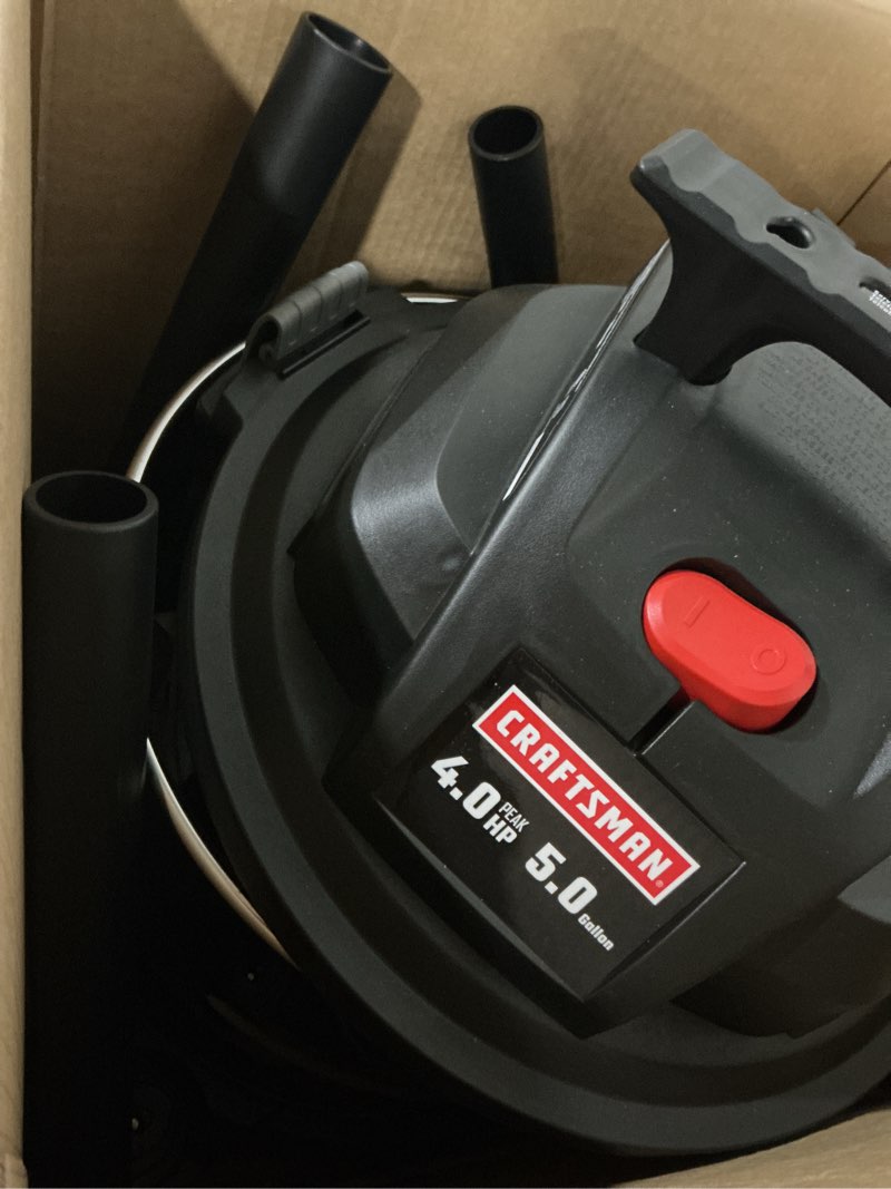 Condition photo showing As Is for missing parts craftsman 5-gallon 4-hp corded wet/dry shop vacuum with accessories included