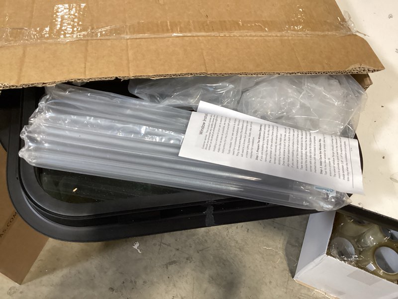 Condition photo showing New/Like New for vertical rv window, 18" w x 18" h tinted sliding rv window with net screen and trim ring, suitable for 15/16" or 1-3/8" and slightly thicker up to 1/16" walls, dot approved 18x18in 1