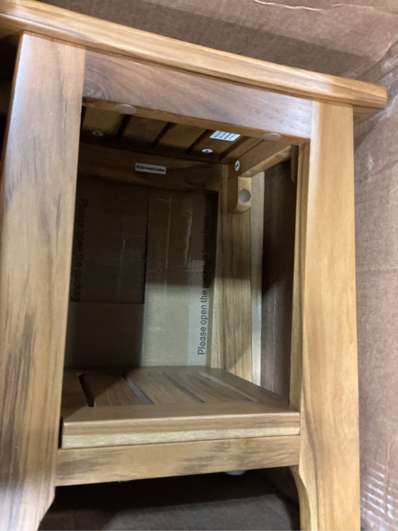 Condition photo showing New/Like New for 14" Compact Teak Shower Stool with Shelf & Handle - Waterproof, Non-Slip Bath Bench for Small Bathrooms/Tub/Outdoor Use, 300 lbs Capacity (Patented) 14"W x 10" Dx 17"H