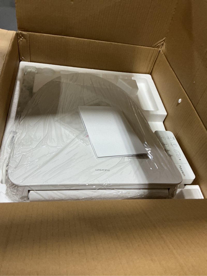 Condition photo showing New/Like New for heated smart toilet seat with feminine wash & dryer, elongated bidet with adjustable water temperature, pressure & nozzle position, easy installation & soft-close lid for modern bathrooms side control