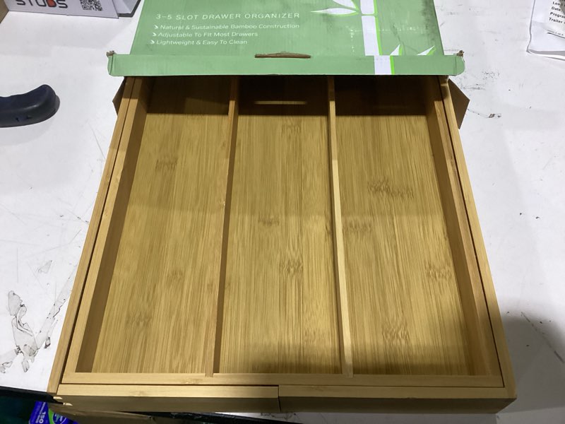 Condition photo showing New/Like New for purawood kitchen drawer organizer - expandable utensil drawer organizer for kitchen, cutlery tray & silverware organizer, 3-5 slots - bamboo organizer for utensils & flatware (natural) natural 5 slot