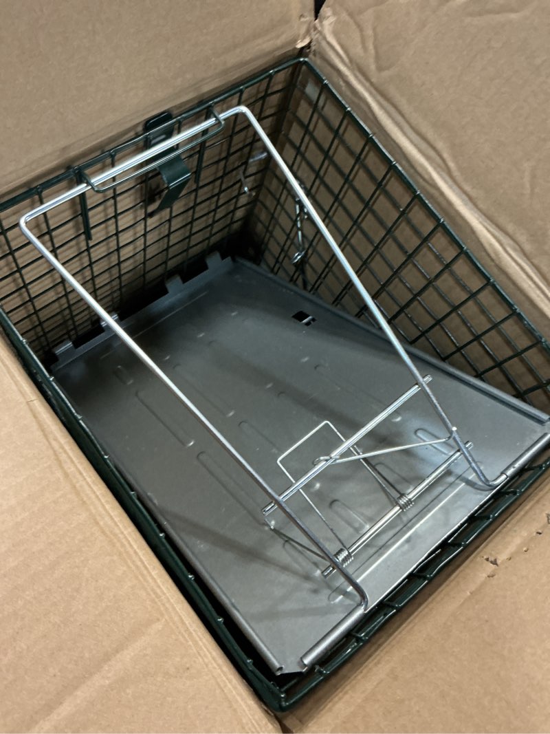 Condition photo showing As Is for customer reviews for homestead small 1-door professional humane steel live animal cage trap for squirrels, rabbits, chipmunks, skunks, 