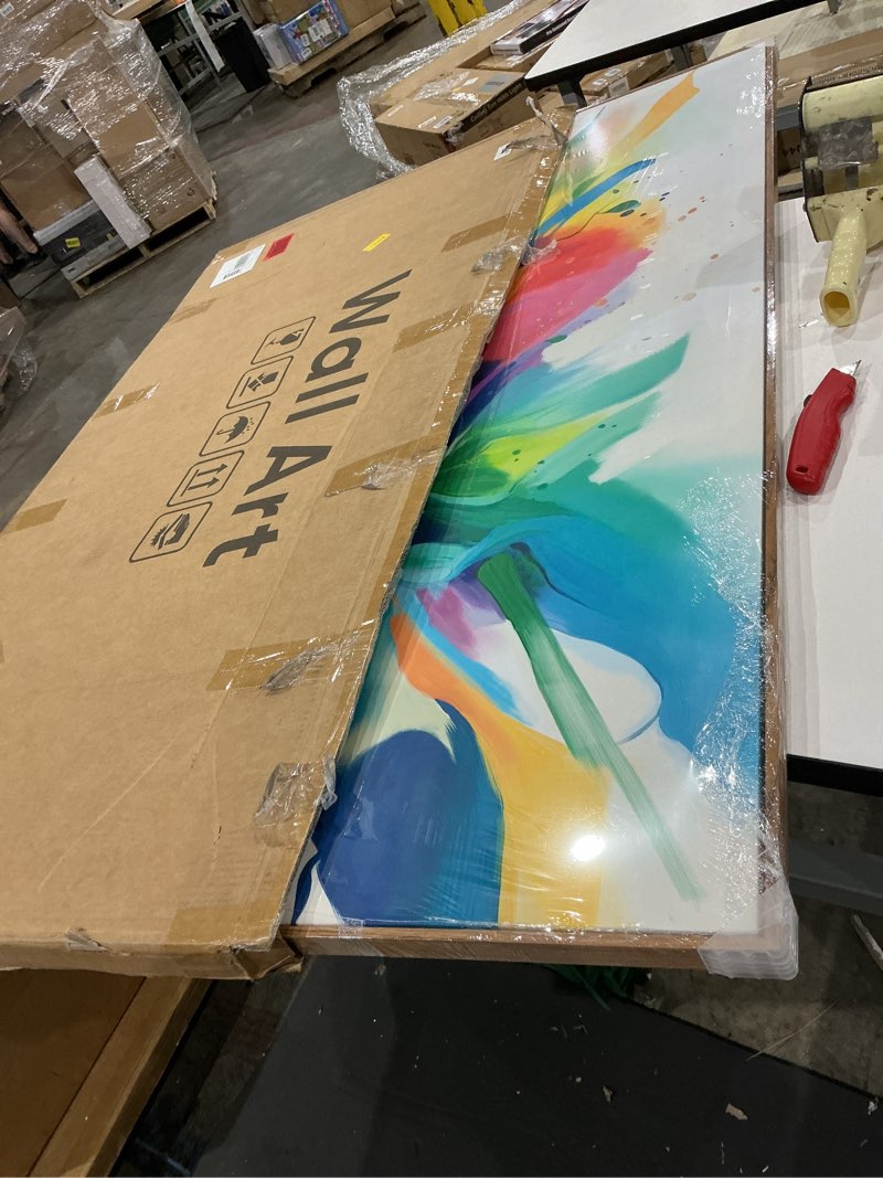 Condition photo showing New/Like New for large framed colorful abstract wall art for living room, oversized modern horizontal bright canvas prints paintings artwork for walls, multicolor pictures for hallway dining bedroom wall decor 30x60 in 60"l x 30"w colorful