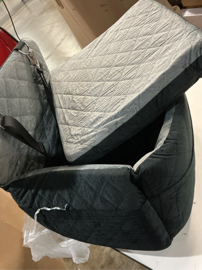 Condition photo showing As Is for dog car seat for small/medium dogs,pet dog booster car seat puppy 15-35 lbs with soft 4+2in detachable pads detachable elevated cushion and washable cover safety belt storage pockets easy to install grey+black