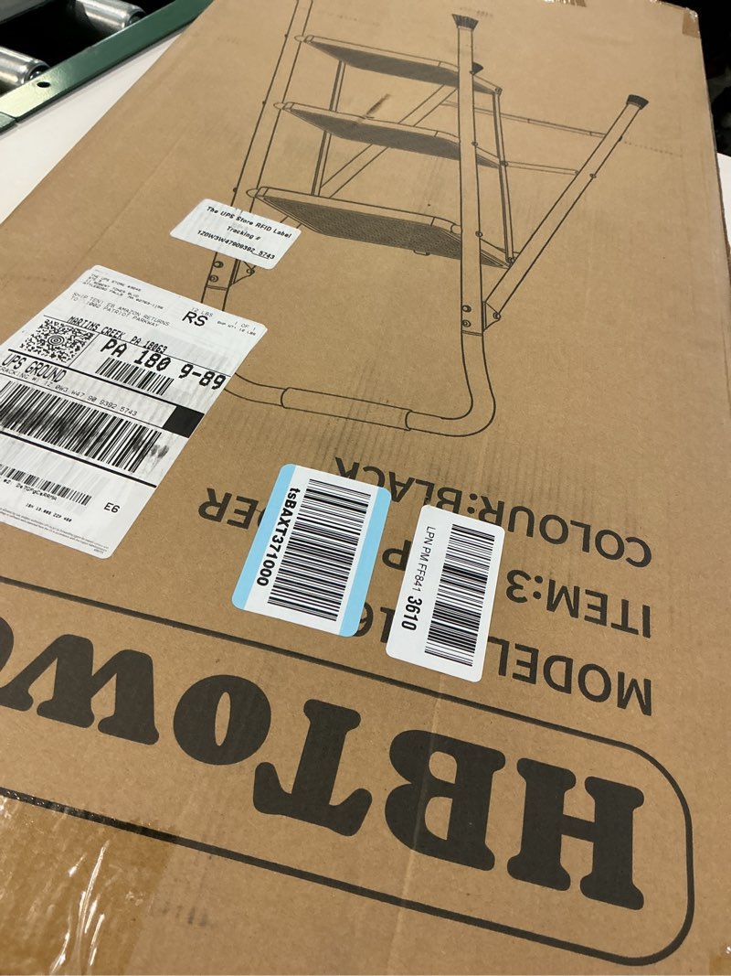 Condition photo showing New/Like New for HBTower 3 Step Ladder, 3 Step Stool for Adults, 3 Step Ladder Folding Step Stool with Cushioned Handle Step Ladder with Wide Pedal Ergonomic Design,Black