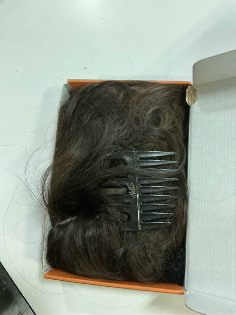 Condition photo showing As Is for haloo brown auburn wigs with bangs long wavy layered haircut natural looking fluffy synthetic heat resistant hair wig for women daily party, 24 inch brown mixed auburn