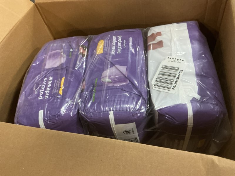 Condition photo showing item condition for Amazon Basics Incontinence Underwear for Women, Protective, Disposable, Postpartum, Maximum Absorbency, Medium, Lavender, 56 Count (3 Packs of 18) Medium 56
