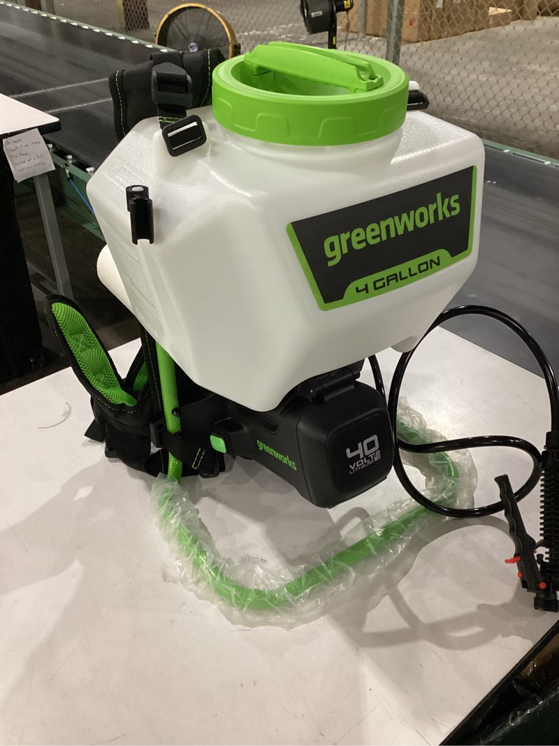 Condition photo showing Good Condition for greenworks 40v cordless backpack sprayer (4 gallon / 5 tips / 25 ft spray) for weeding, spraying, and cleaning, tool only