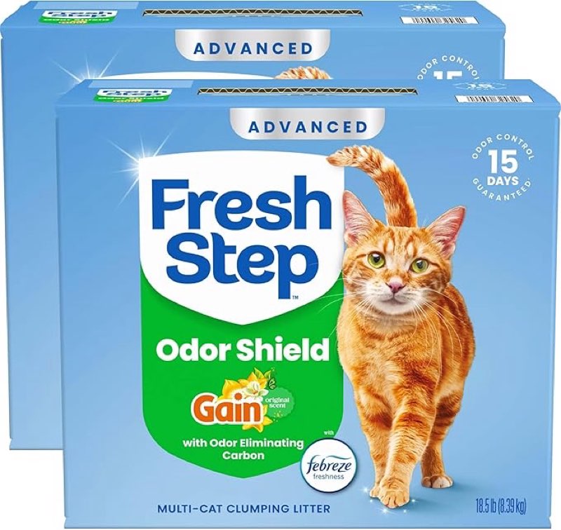 fresh step advanced odor shield multi cat clumping litter with febreze freshness, low dust, odor control with ammonia block tech, compatible in automatic litter boxes, 37 lb. (2 x 18.5 lb.)