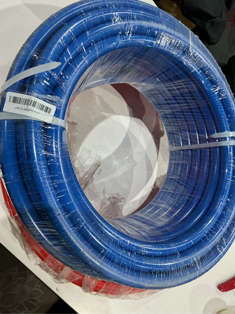 Condition photo showing As Is for vevor pex pipe 3/4 inch, 2 x 80 feet non-oxygen barrier pex-a flexible pipe tubing for potable water, for hot/cold water & easily restore, plumbing applications with free cutter, blue & red 3/4" 2x100ft blue+red