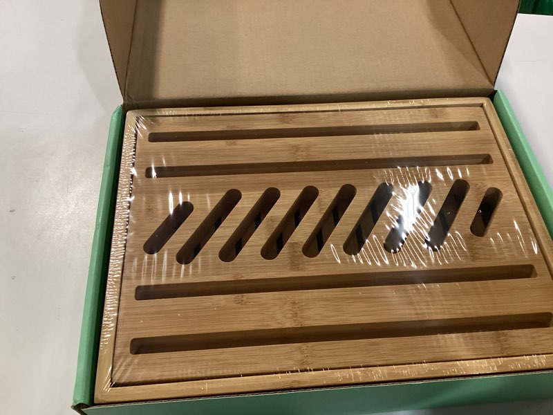 Condition photo showing Good Condition for Adjustable bread loaf slicer + bread slicer guide for sourdough; sandwich bread slicer, butter cutter and spreader knife + foldable design, crumb tray, non-slip base, compact storage