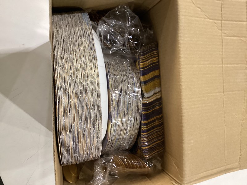 Condition photo showing New/Like New for 350pcs 95th birthday party decorations for 50 guests blue and gold party supplies for men include disposable paper plates, napkins, cups, and disposable plastic cutlery (95)