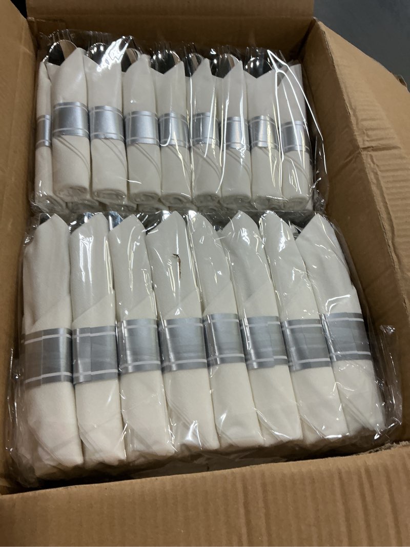 Condition photo showing New/Like New for Goodluck 350 Piece Silver Plastic Dinnerware Set for 50 Guests, Fancy Disposable Plates for Party, Include: 50 Dinner Plates, 50 Dessert Plates, 50 Pre Rolled Napkins with Silver Silverware, 50 Cups Silver 350 Piece (50 guests)