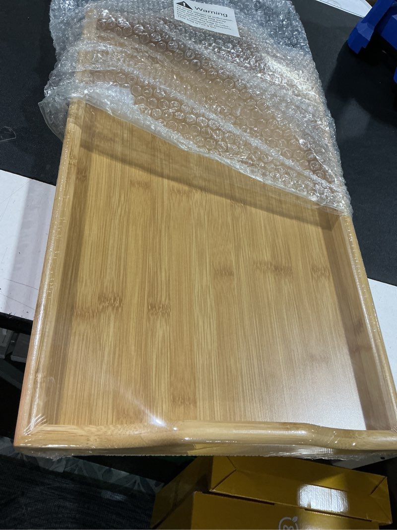 Condition photo showing New/Like New for bamboo bed tray table, folding legs and handles, breakfast tray, laptop desk for bed or sofa, serving tray for eating, working, reading,picnic bamboo 18.1" x 11.2" x 7.7"