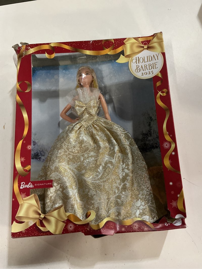 Condition photo showing New/Like New for Barbie Signature 2025 Holiday Blonde Fashion Doll Wearing Silver & Gold Gown, Seasonal Collector in Displayable Packaging & Stand