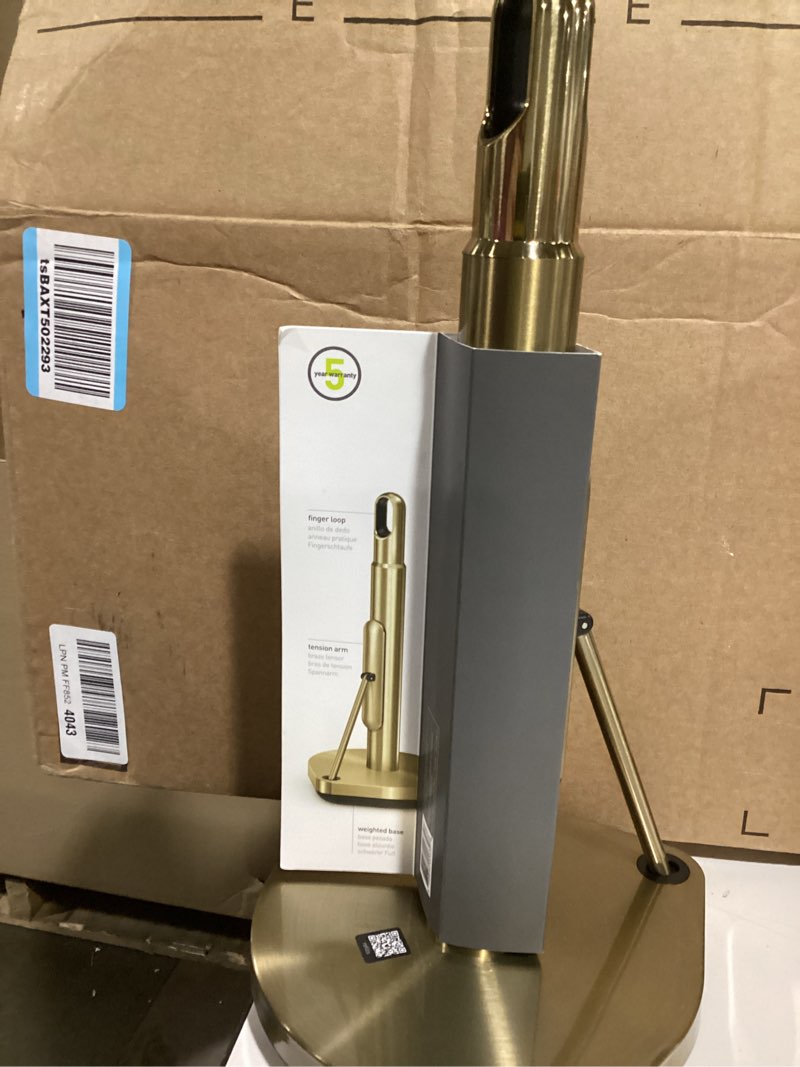 Condition photo showing As Is for simplehuman Tension Arm Standing Paper Towel Holder, Heavy-Duty, Easy One-Handed Tear, Kitchen Countertop, Brass Stainless Steel