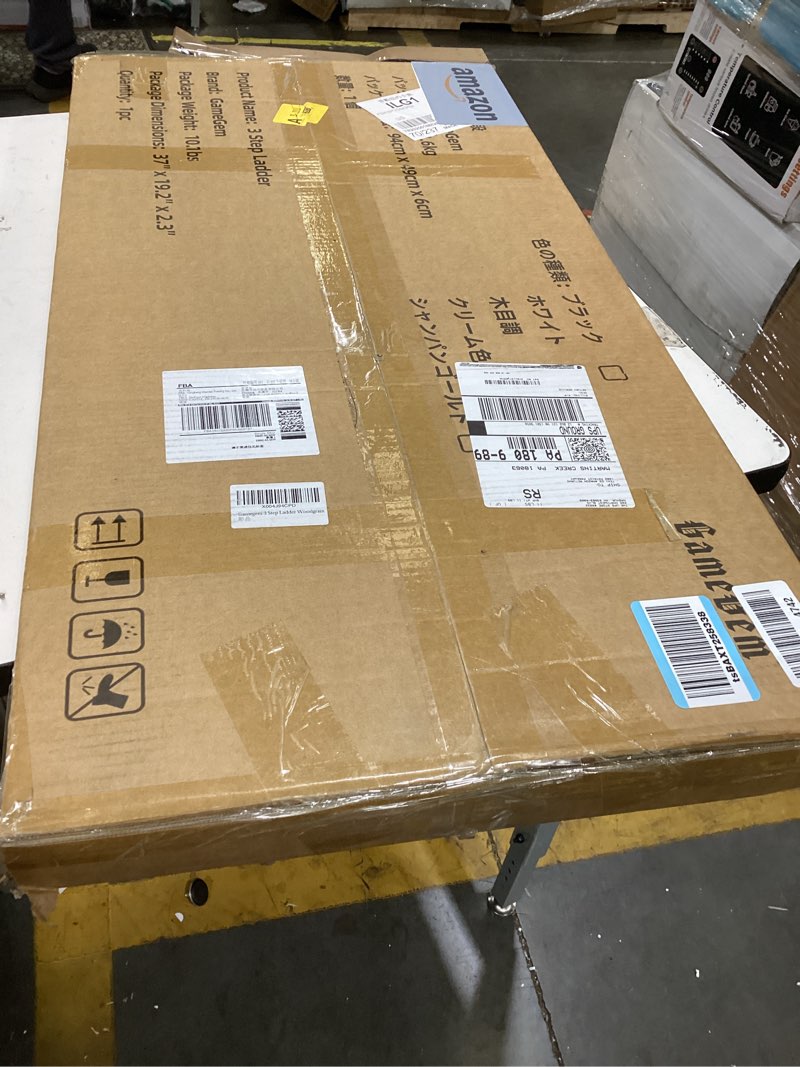Condition photo showing New/Like New for 3 step ladder, folding step stool with anti-slip wide pedal, aluminum material lightweight yet sturdy, 300 lbs load, cute modern apperance for indoor household spaces woodgrain 3 step