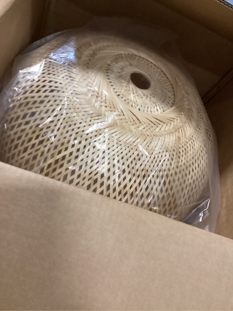 Condition photo showing Good Condition for Arturesthome 1 Light Natural Bamboo Pendant Lamp, Round Hanging Ceiling Light Wicker Chandelier, Hand-Woven Boho Basket Lampshade for Kitchen Island Living Room W 19.68in * H 16.5in