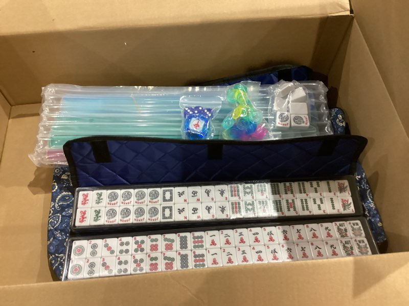 Condition photo showing Good Condition for american mahjong game set, 166 quality white tiles, 4 all-in-one color rack/pushers, mahjong tile set with blue printed carrying bag
