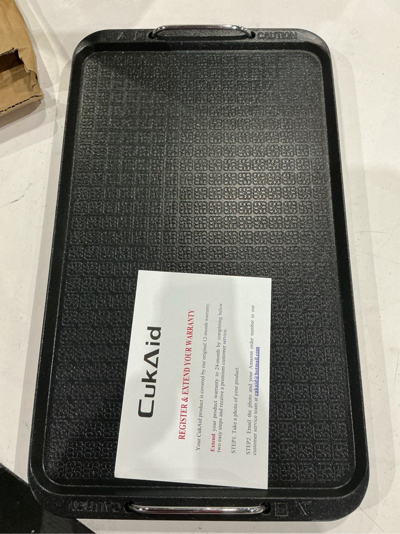 Condition photo showing Good Condition for flat top griddle for stovetop, non-stick griddle grill pan, stove top grill,14.96" x 8.66", works with power xl,chefman, carl schmidt sohn, cusimax, techwood smokeless grill,aluminum,dishwasher safe 15" x 8.7" x 0.9"