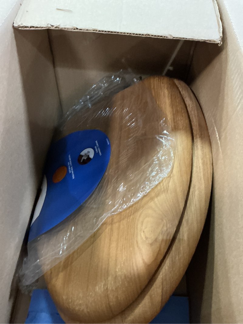 Condition photo showing As Is for mayfair natural oak veneer toilet seat with chrome hinges, elongated, wood