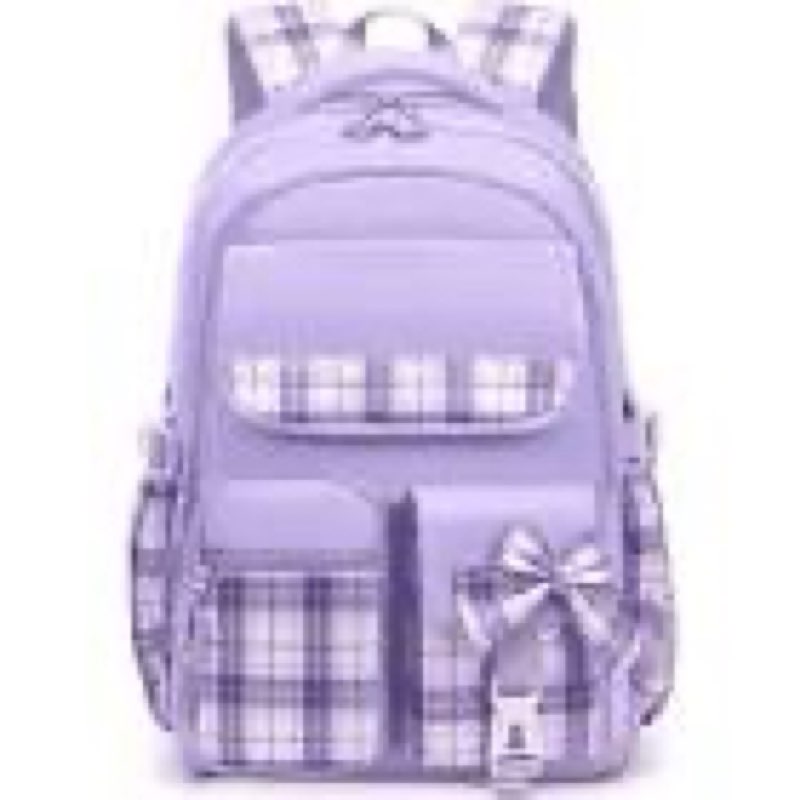 kids backpack for girls, cute plaid large capacity bookbag for students teens preppy aesthetic kawaii bow elementary primary middle school book bag 6-8 8-10 10-12 (purple)