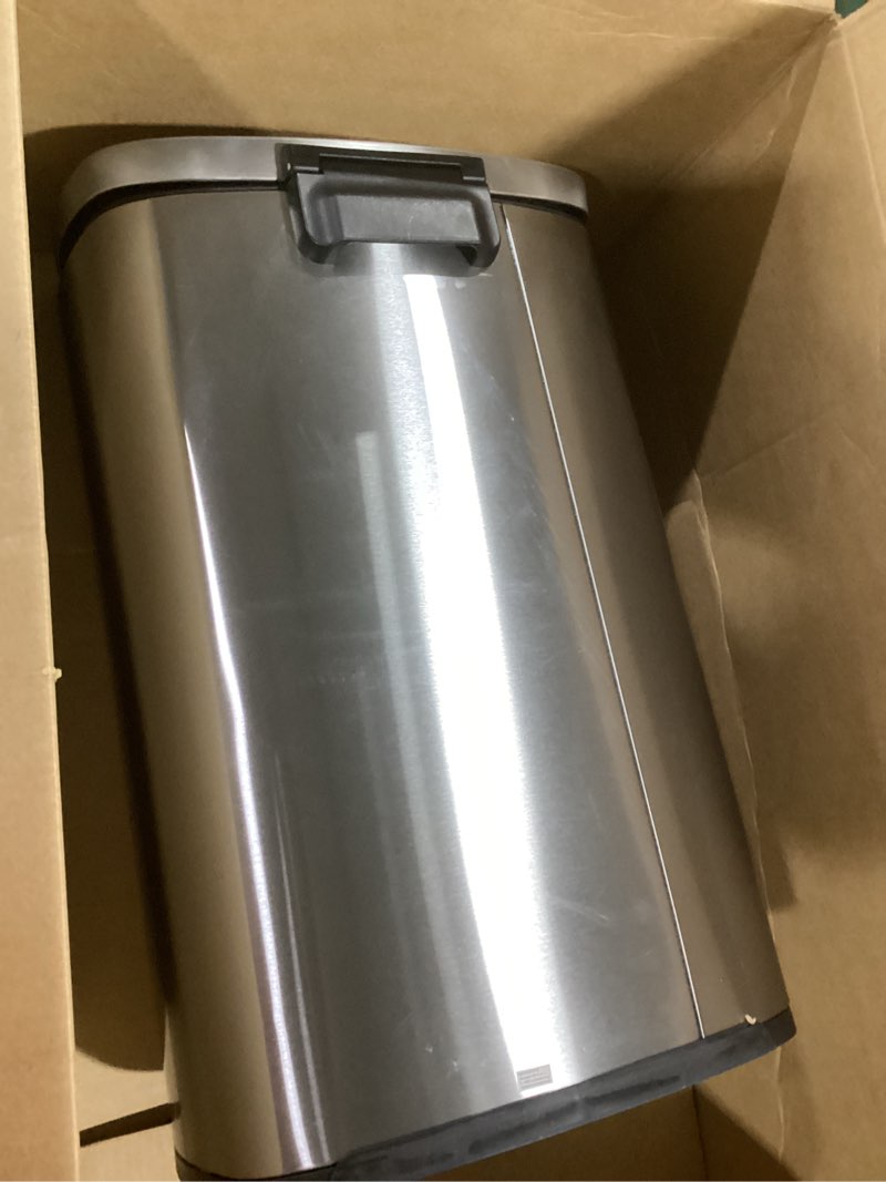 Condition photo showing Good Condition for Amazon Basics Smudge Resistant Rectangular Trash Can With Soft-Close Foot Pedal, Brushed Stainless Steel, 50L/13.2 Gal, 16.7x14.7x25.9 in, Satin Nickel Finish Satin Nickel Big, 50L/13.2 Gal