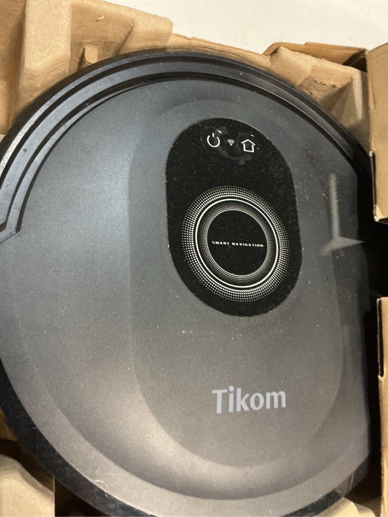 Condition photo showing As Is for tikom robot vacuum and mop combo, 5000pa robotic vacuum cleaner, 150 min max, app & remote control, ideal for hard floor, carpet, pet hair, self-charge(g8000 max)
