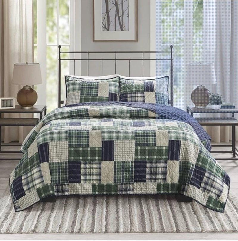 madison park reversible quilt cabin lifestyle plaid design - all season, breathable coverlet bedspread bedding set, matching shams, full/queen(90"x90"), green/navy 3 piece