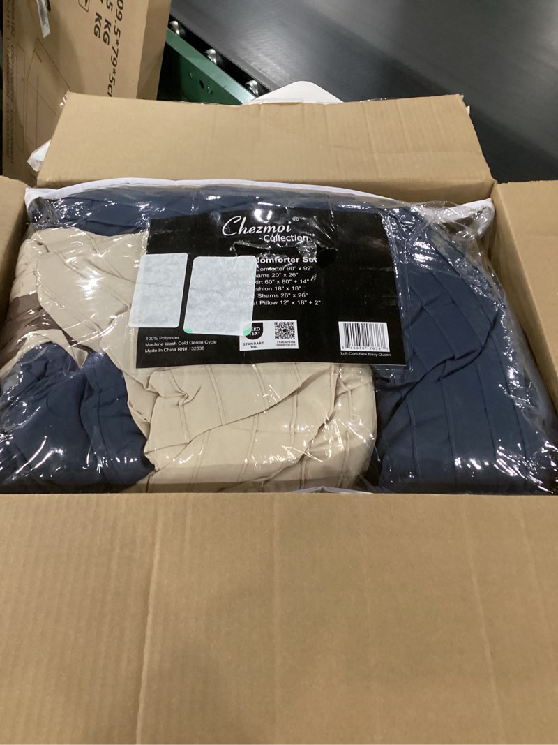 Condition photo showing New/Like New for chezmoi collection loft 8-piece queen comforter set, midnight blue/brown/coffee cream luxury striped bedding for all season queen midnight blue/brown/coffee cream