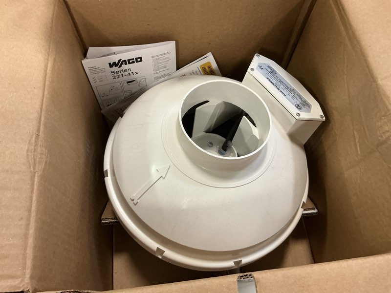 Condition photo showing Good Condition for Festa AMG Maverick Radon Fan - Quiet and Energy Efficient 260 CFM Radon Mitigation System Inline Duct Fan - 4" Electric Inline - Made with Sturdy Glass Reinforced Poly-Resin – White