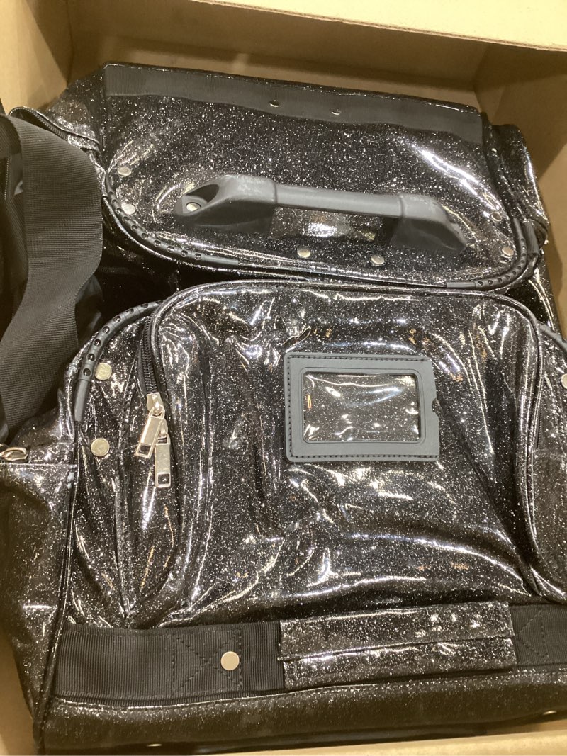 Condition photo showing As Is for fanwoli 23" dance bag with garment rack | glittering waterproof fabric & upgraded stable system | shine-bright collection | ideal competition duffle bag for dancer athlete livestreamer | sparkle black sparkling black