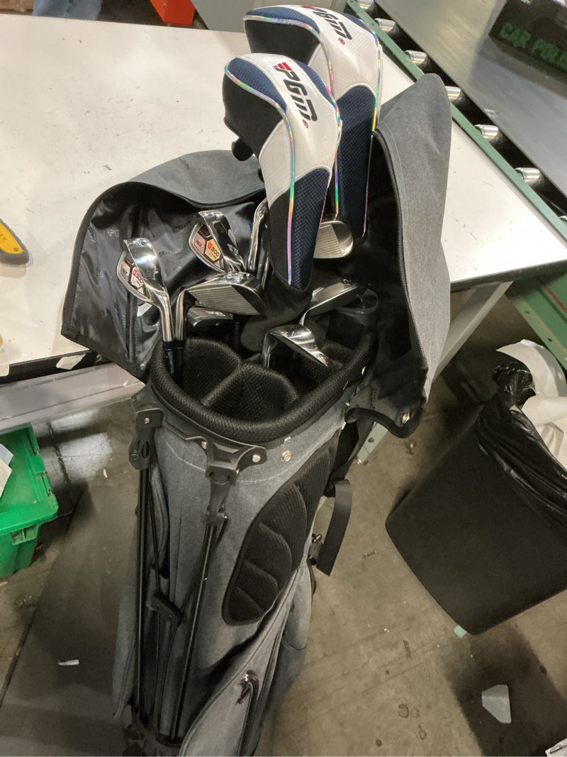 Condition photo showing Good Condition for pgm men's complete golf club sets - 12 pieces - 3 wood (#1,3,5), 1 hybrid (#4h), 6 irons(#5,6,7,8,9,pw), 1 sand wedge (55°), 1 putter - golf stand bag - titanium club head