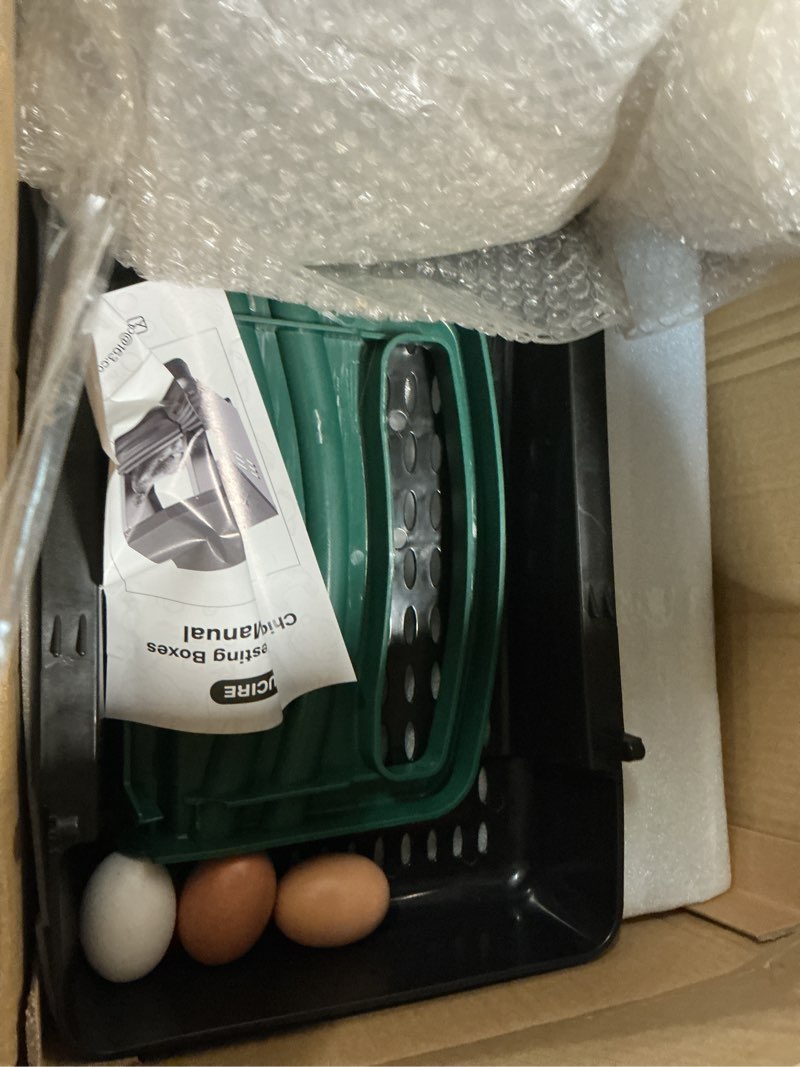 Condition photo showing As Is for chicken nesting boxes, 3 compartments roll away egg laying nest box for hens, galvanized steel nesting boxes for chickens with rollout egg drawer, protects eggs for chicken coop green