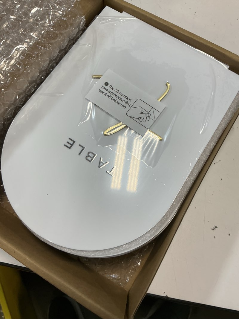 Condition photo showing New/Like New for white arched wedding table numbers 1-10 with stands, 5x7 inch white acrylic arch sign with gold numbers, acrylic table numbers for wedding reception white and gold font table number 1-10, 5"x7"