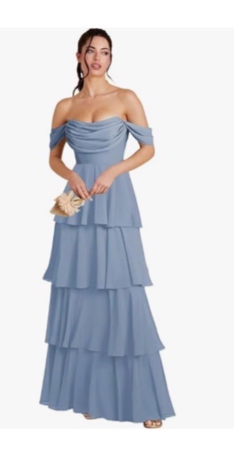 ((Size 6))Changuan Off Shoulder Chiffon Bridesmaid Dresses for Women Tiered Ruffles Ruched A Line Long Formal Evening Party Gowns 2026 Steel Blue 