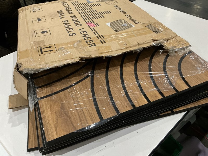 Condition photo showing As Is for woven sound acoustic wall panels, natural oak, 8 pack, 23.6x23.6 in | self-adhesive, peel and stick, artisan carving, echo reduction, sound proof, warm decor, studio, office, gaming interlaced arcs natural oak