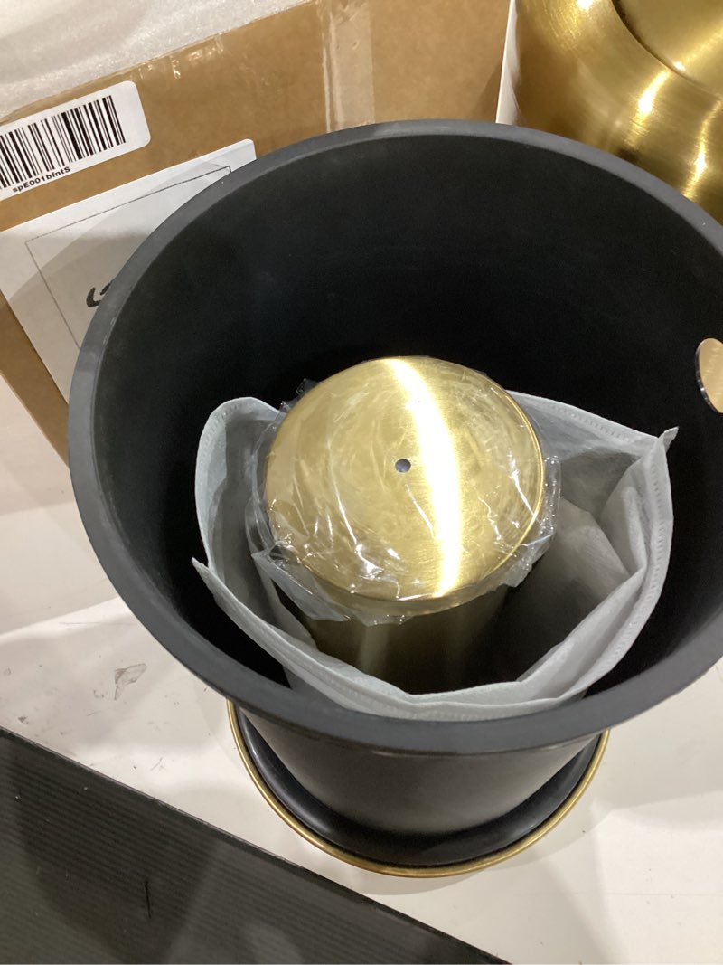 Condition photo showing As Is for maxdot 2 pcs small gold bathroom trash can with flipping lid and toilet brush set 2.6 gal/10 l stainless steel garbage can for office living room kitchen bedroom hotel, toilet brush with holder