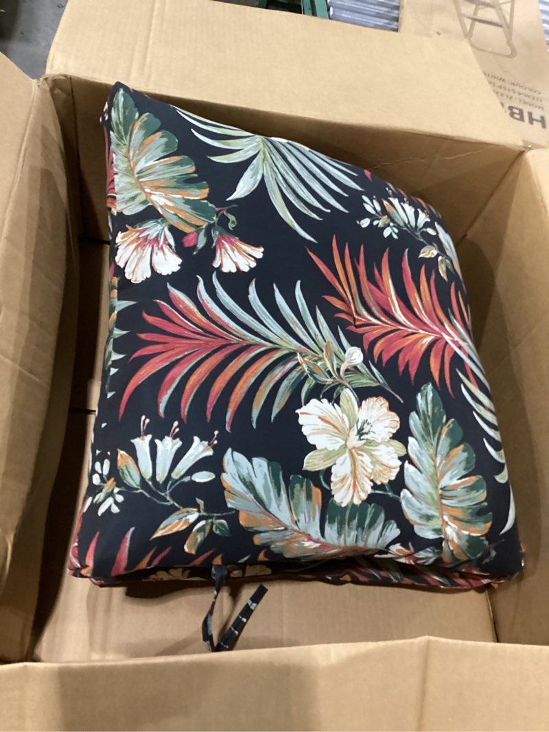 Condition photo showing As Is for arden outdoor plush modern tufted blowfill dining chair cushion, 21 x 40, water repellent, fade resistant, tufted cushion for dining and bistro chairs, simone black tropical modern simone black tropical