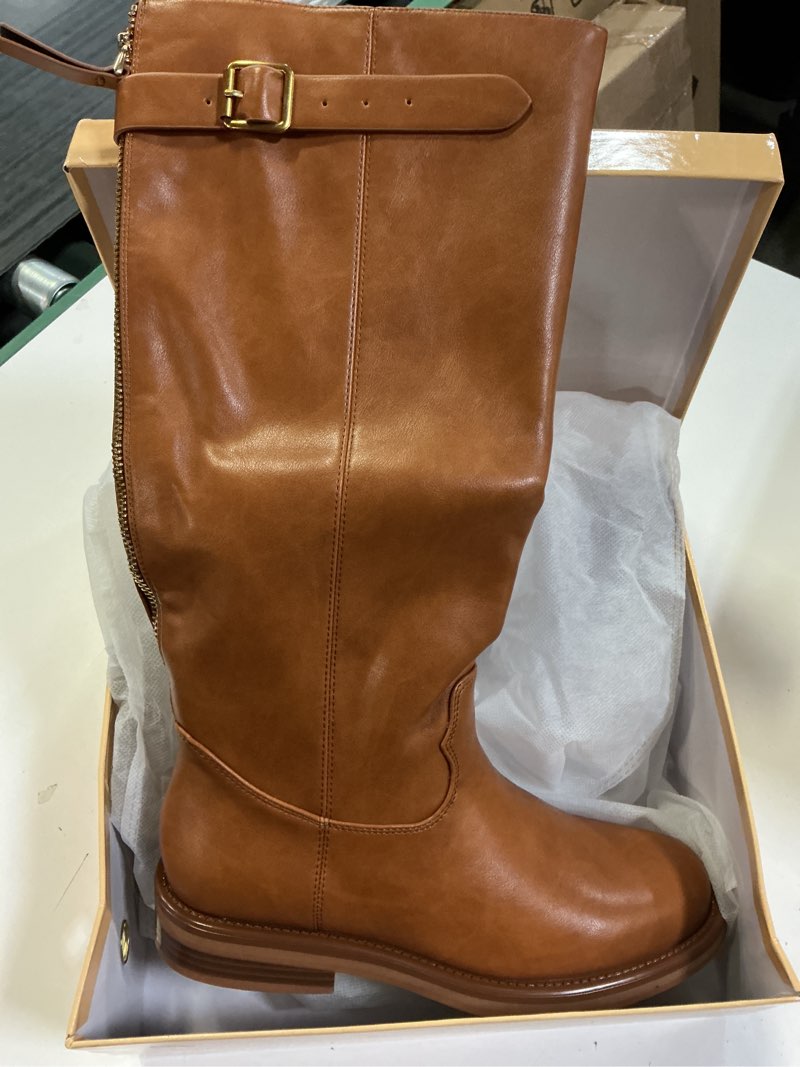 Condition photo showing New/Like New for women's knee high boots chunky heel square toe tall boots for women low heel back zipper boots size 7 brown