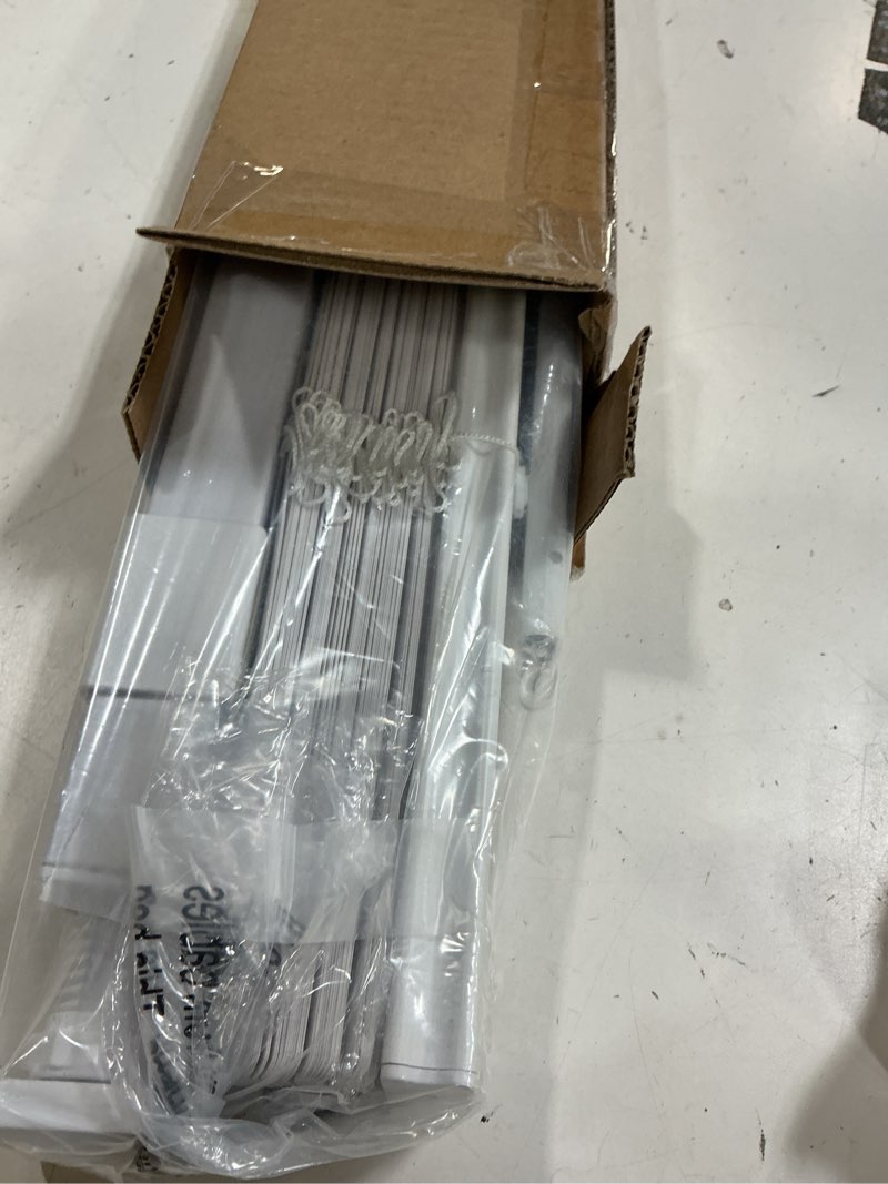Condition photo showing As Is for lazblinds no tools no drill 1" vinyl mini blinds, cordless blinds for windows, light filtering horizontal window blinds & shades, 31" w x 64" h, white cordless-white 31" w × 64" h
