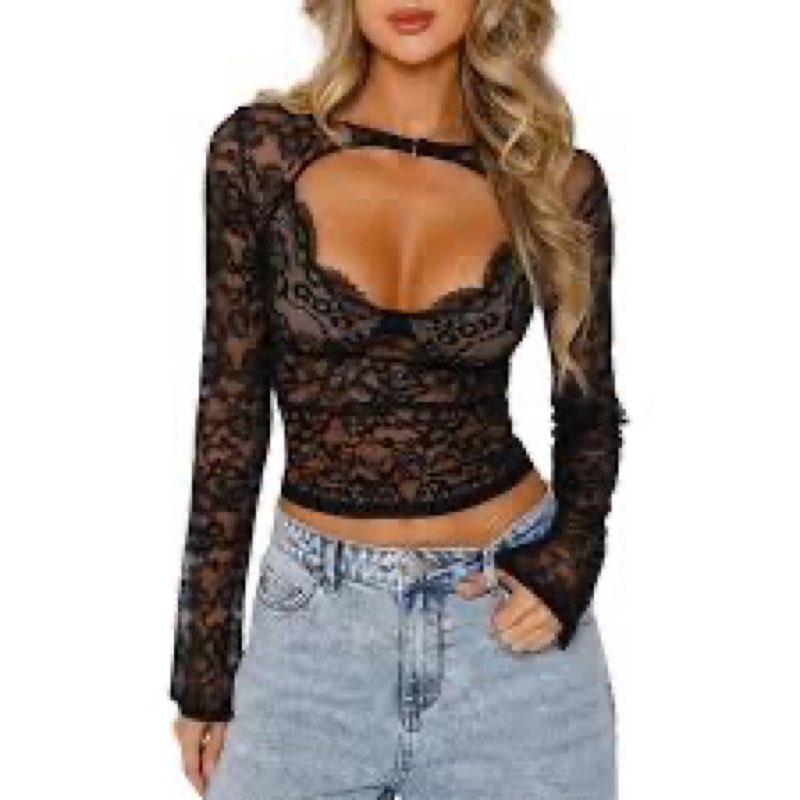 Xuiqx Women's Lace Long Sleeve Going Out Top Sexy Y2K Cut Out Double Lined Slim Night Out Club Party